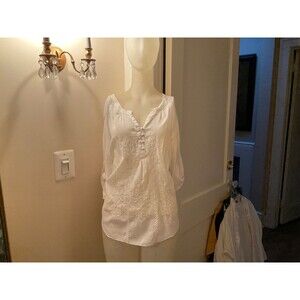 Nine West Vintage America XL Blue Embroidered Womens Top Adjustable Sleeve u